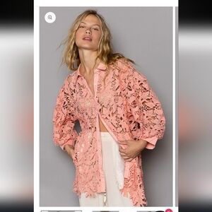 POL Collared Neck Button Up Lace Shirt